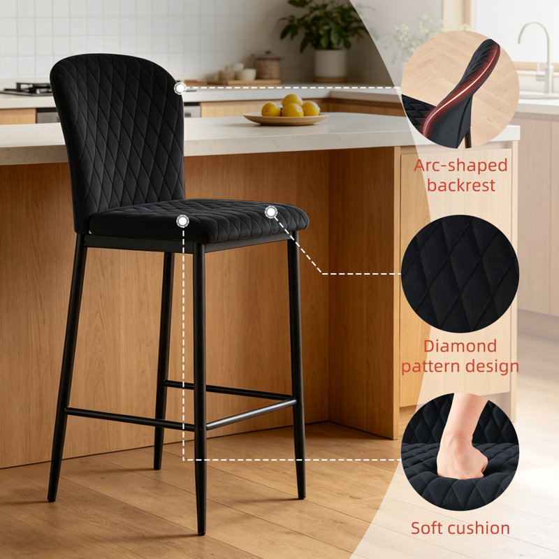 Modern Velvet/Suede Upholstered Bar Stools Diamond Quilted, Armless Counter Height Stools with Backrest, Sturdy Metal Legs with Footrest (Set of 2/4)