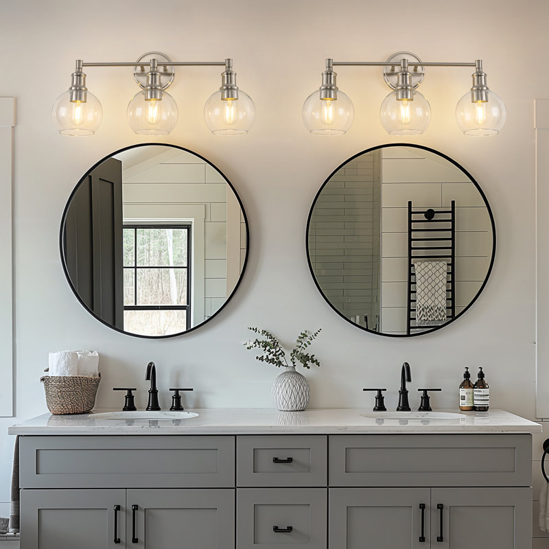 Éclairage pour salle de bain 3 lumières, finition nickel brossé, abat-jour en verre transparent, luminaire de salle de bain moderne