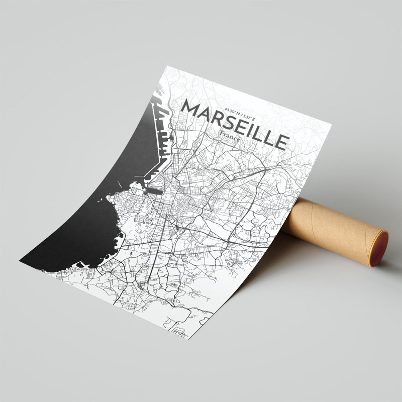 «Marseille City Map», impression, H 17 po x l 11 po, Noir et blanc