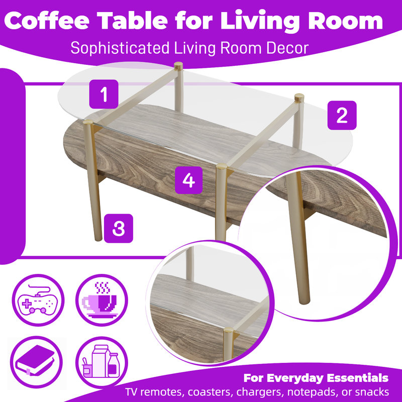 Table basse ovale moderne à plateau en verre avec tablette de rangement, Bois naturel