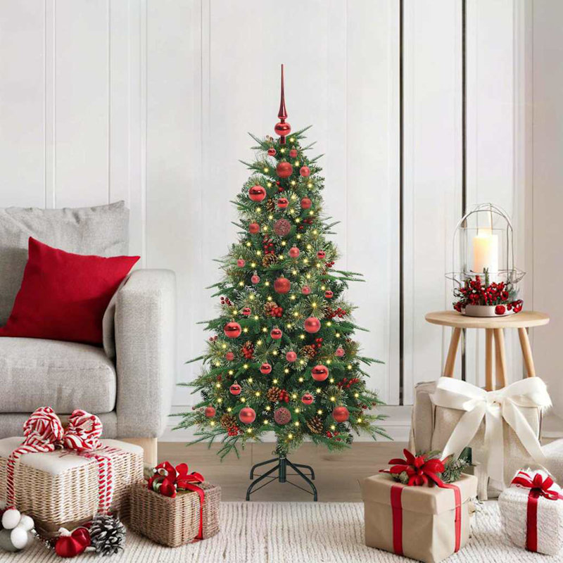 Artificial Hinged Christmas Tree Green PE and PVC, Green/Red, 3.94' H