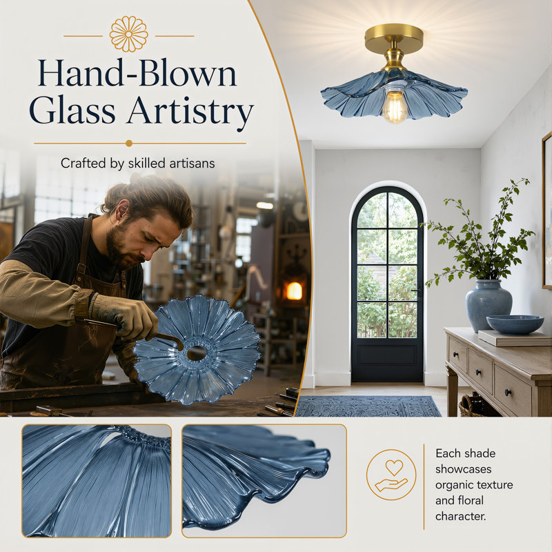 11.02'' 1-Light Petal-Shaped Hand-Blown Glass Flush Mount Ceiling Light, Blue