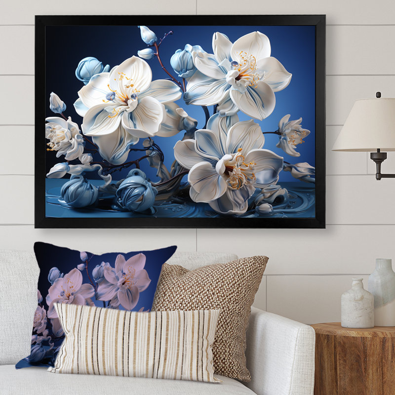 Orchidées blanches et bleues de sérénité - art mural orchidée, H 24 po x l 32 po x P 1 po, Cadre simple noir