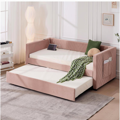 Lit de jour simple rembourré avec lit gigogne, port USB, poches latérales, dossier à motif en V moderne, aucun sommier nécessaire pour la chambre à coucher, la chambre d'amis (rose, simple)