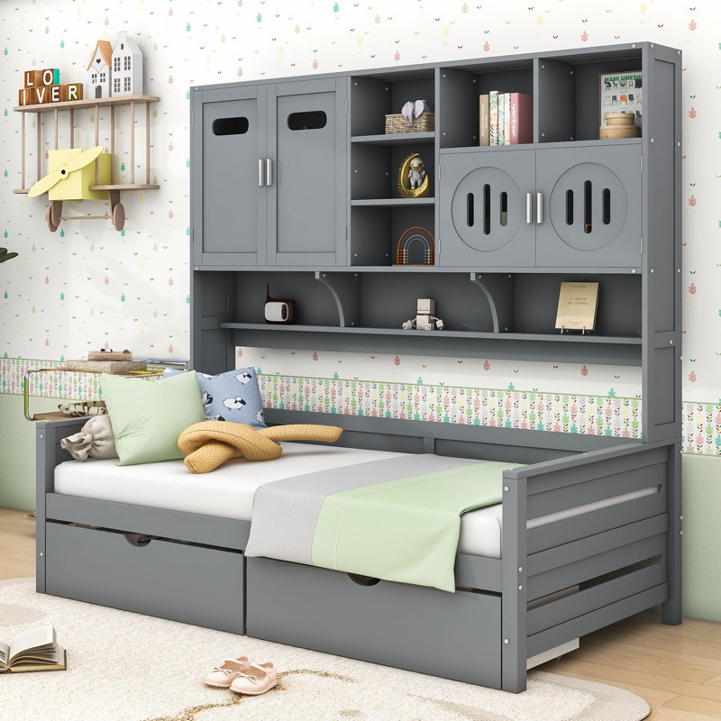 Two Drawers Daybed with Storage Shelves and Slats, Gray, Twin