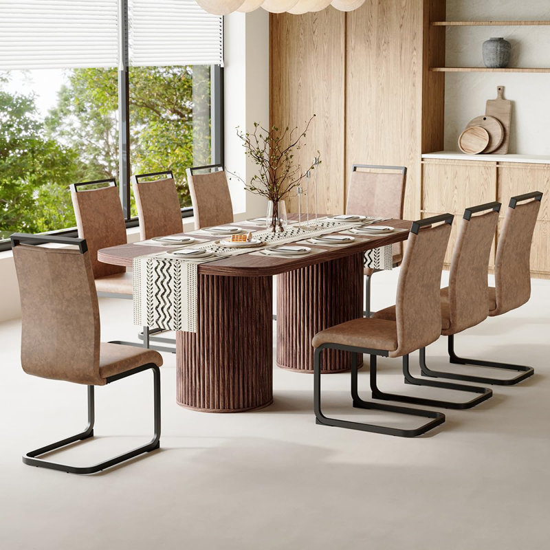 Ensemble de table de salle à manger en noyer de 79 po pour 8 personnes, grand ensemble de table de salle à manger pour 8 personnes avec base à double piédestal cannelée et chaises rembourrées