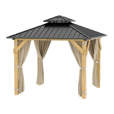 Pavillon de jardin à toit rigide 10 pi x 10 pi, pavillon en bois avec cadre en épinette massif et double toit en aluminium, rideaux et filet inclus, pavillons de jardin d'extérieur pour le jardin, le patio, les pelouses et les fêtes