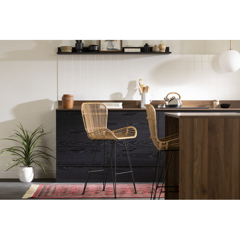 Balka Rattan and Black Metal Counter Stools with Armrests, Set of 2