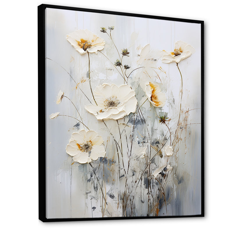 Motif floral blanc sur fond blanc, Cadre flottant noir, H 40 po x l 30 po x P 1,5 po