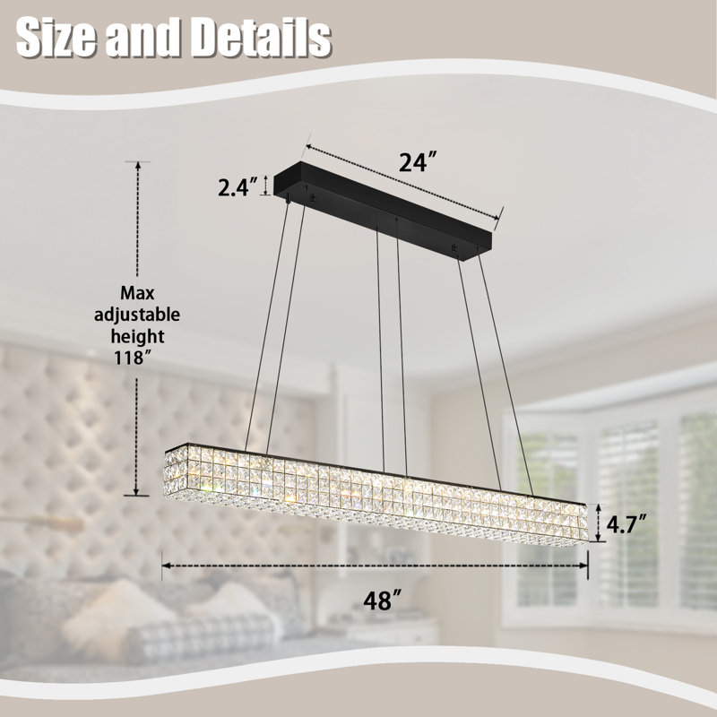 Modern Crystal Chandelier Rectangular Crystal Chandelier Contemporary Linear Pendant Ceiling Light Fixture For Living Dining Room Kitchen Island (L 48")