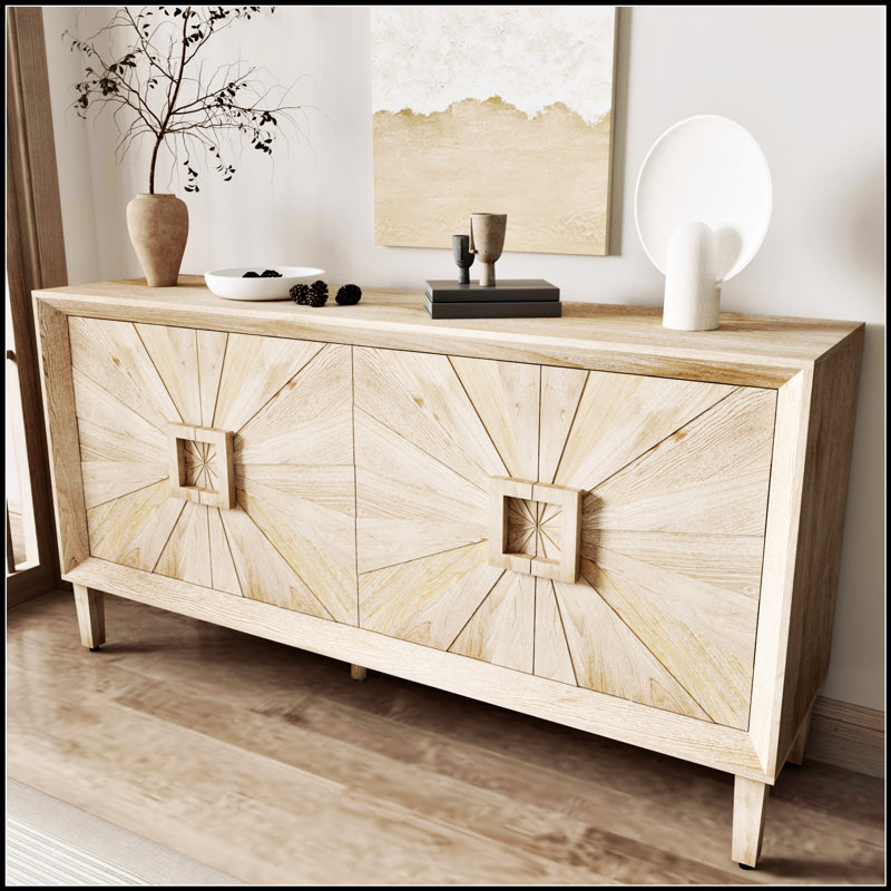 Crédence rustique American Farmhouse avec portes symétriques Sunburst et tablettes réglables, parfaite pour les intérieurs modernes et traditionnels