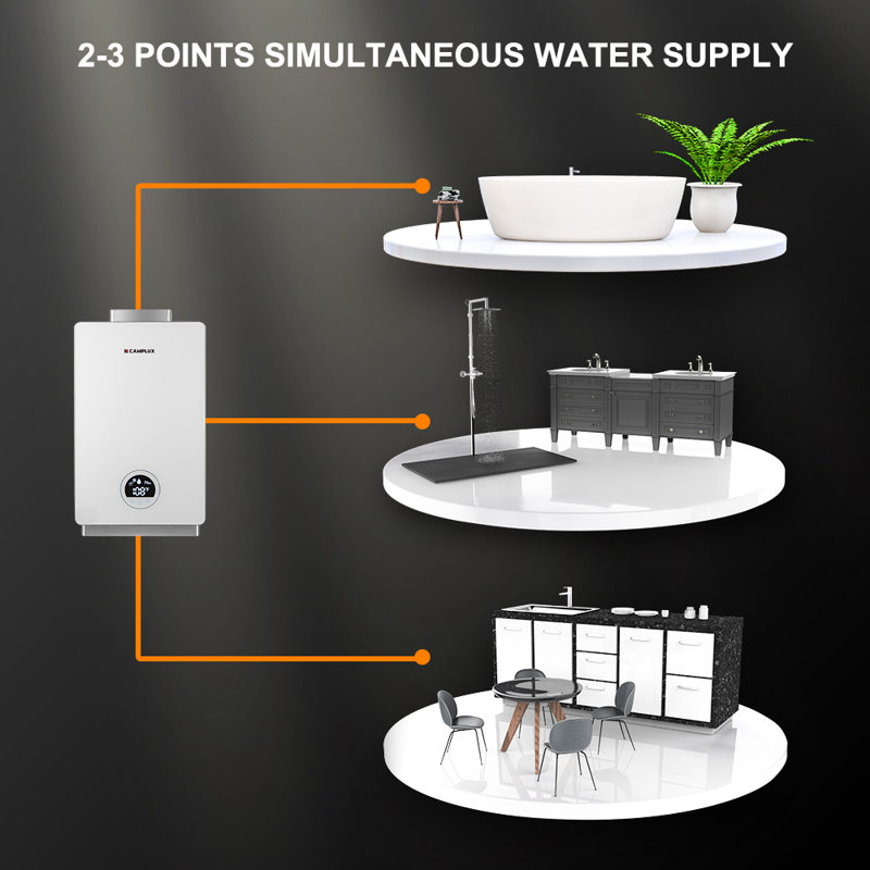 Chauffe-eau instantané au propane CAMPLUX 3,18 GPM, 82 000 BTU, avec conduit d'évacuation, 120 V CA, blanc