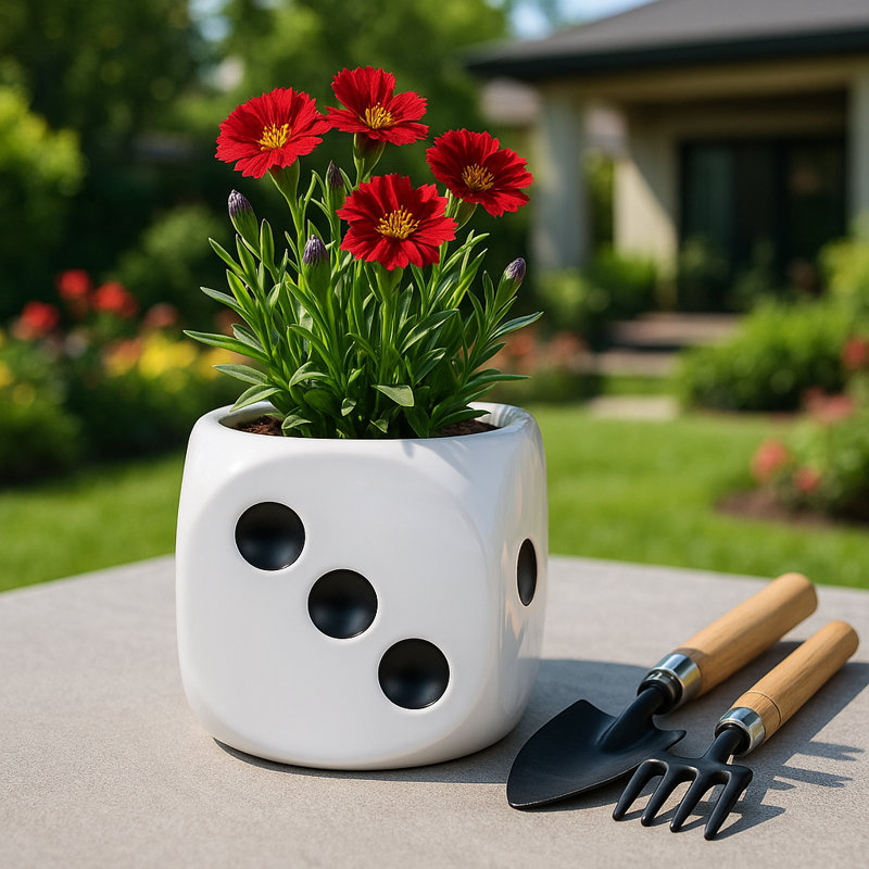 Decorative Ceramic Dice Planter For Indoor And Outdoor Spaces - Creative Flower Pots For Patio, Living Room, And Home Decor - 6", White & Black