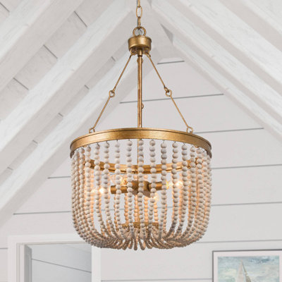 4-Light Gold Boho Farmhouse Chandelier With Handcrafted Distressed Wood Beads