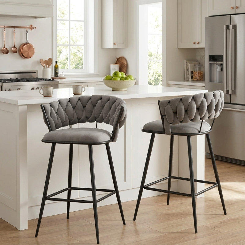 Upholstered Counter & Bar Stool With Metal Frame (Set Of 2), Gray, Counter Stool (24" Seat Height)