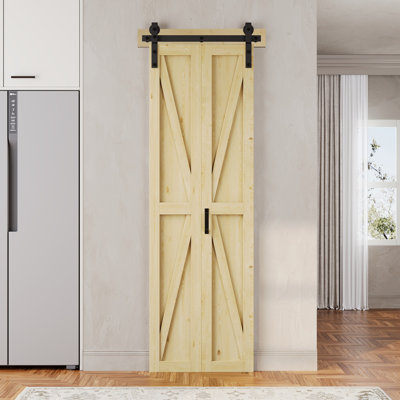 84" H Pine Solid Core Wood Unfinished K Bi-Fold Barn Door With Installation Hardware Kit