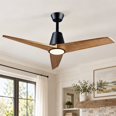 52" 3-Blade Modern Solid Wood Ceiling Fan with Dimmable LED Light, 3CCT, Two Downrods, and Remote Control