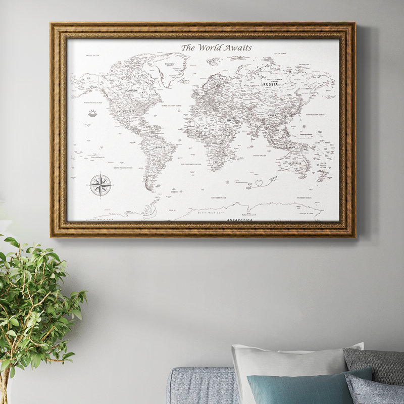 Carte de voyage à punaises - Carte du monde minimaliste encadrée sur toile, 26 x 40 - Taille intérieure, Bronze Antique