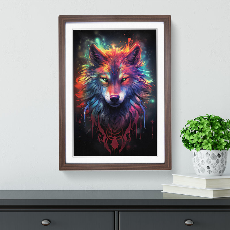 XYZ-FRM-V1223-1689 Wolf Conceptual - Single Picture Frame Print on Wood, Walnut, 46cm H x 34cm W x 2cm D