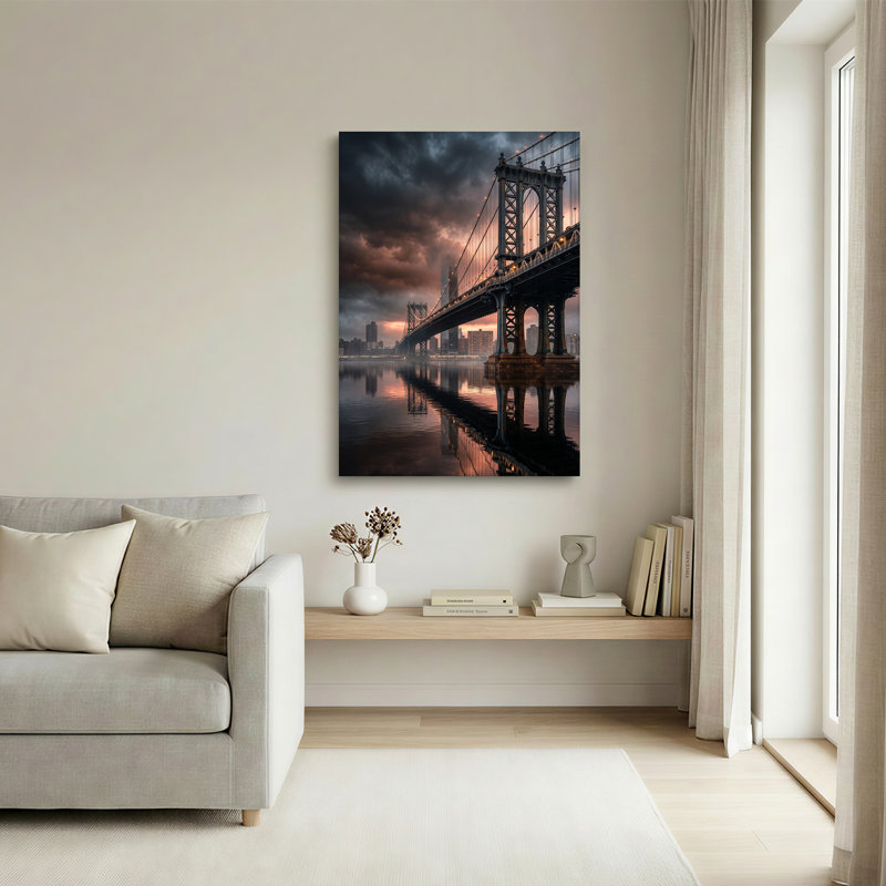 «Suspension Bridge Over Water with City Skyline», art mural, H 24 po x l 18 po