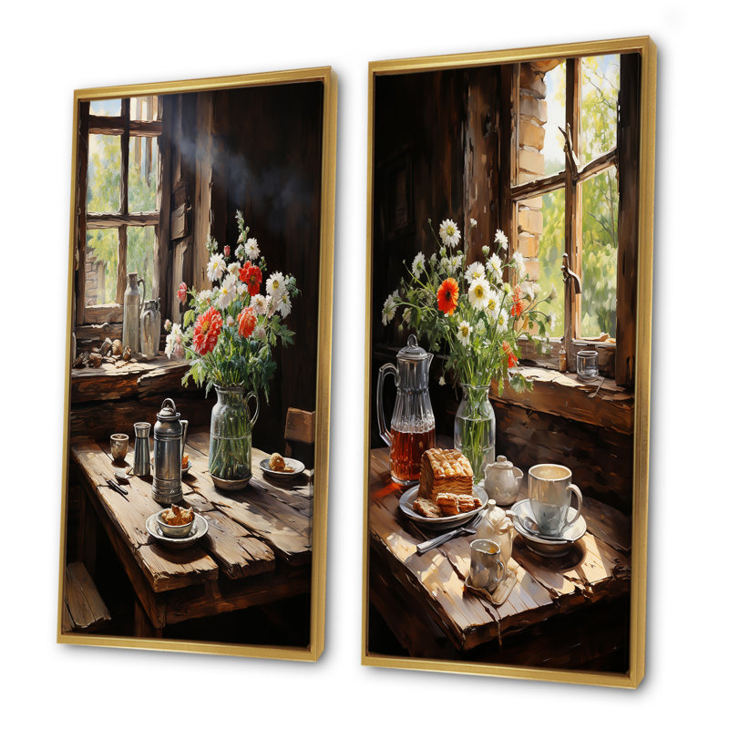 «Rustic Morning» - ensemble de 2 impressions sur toile déjeuner, Cadre flottant doré, H 28 po x l 25 po