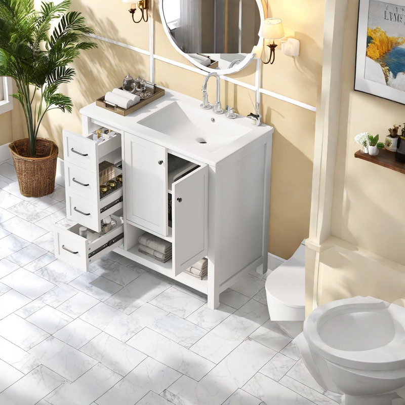 Meuble-lavabo moderne spacieux 36 po avec lavabo en céramique, bois aggloméré et rangement pour salle de bain