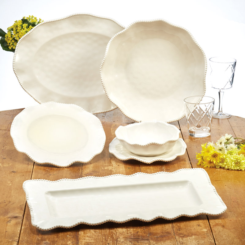 White Melamine 12-Piece Dinnerware Set with Beaded Ruffled Rims