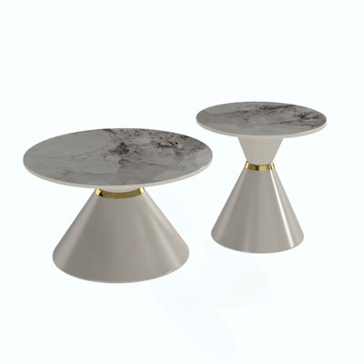 Round Nesting Coffee Table Set of 2, Sintered Stone Top Coffee Tables with Pedestal Base & Accent Ring, Modern Luxury Side End Tables for Living Room