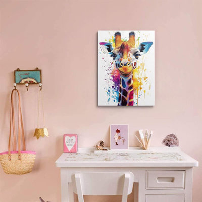Encadrée mignonne de girafe abstraite, art mural, peinture de graffiti d'animaux colorés et neutres, pour les enfants, salle de bain, décoration de salle de bain prête à être suspendue (16 po x 24 po)
