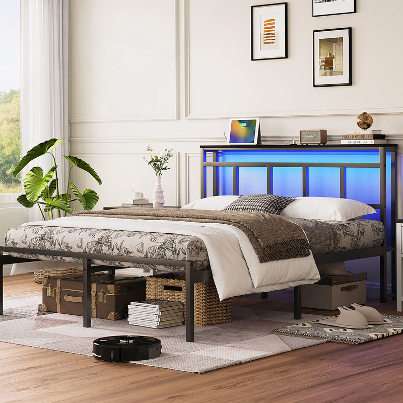 Cadre de lit avec tête de lit, base de lit en métal avec port USB, port Type-C et lumière DEL, Grand lit