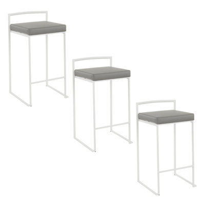 Fuji 26" Contemporary Stackable Counter Stool In White Metal With Grey Faux Leather Cushion By Lumisource - Set Of 3