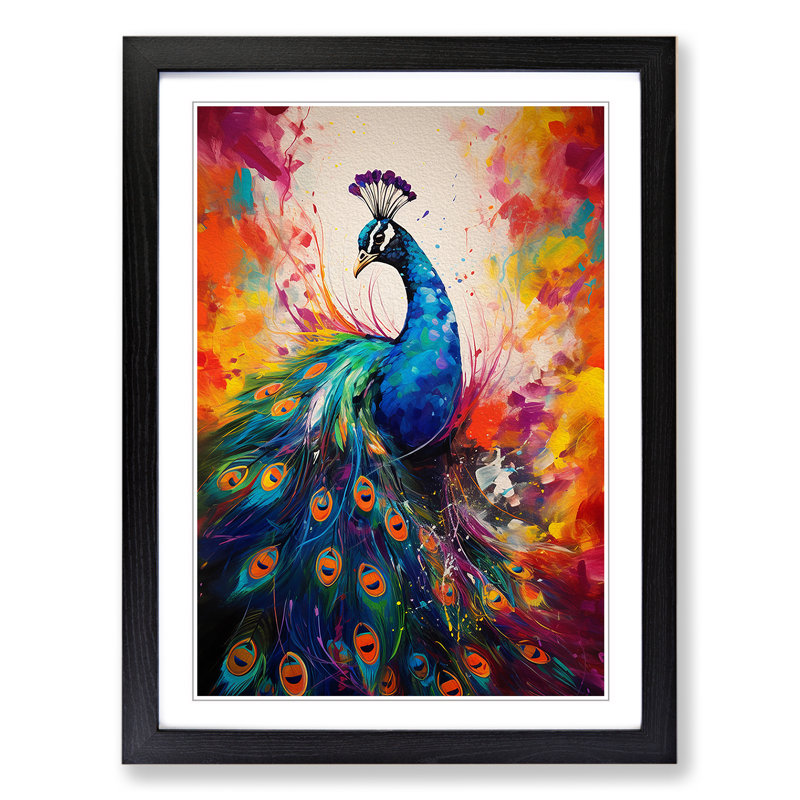 Peacock Gestural No.2 - Single Picture Frame Print on Wood, 46cm H x 34cm W, Black Framed