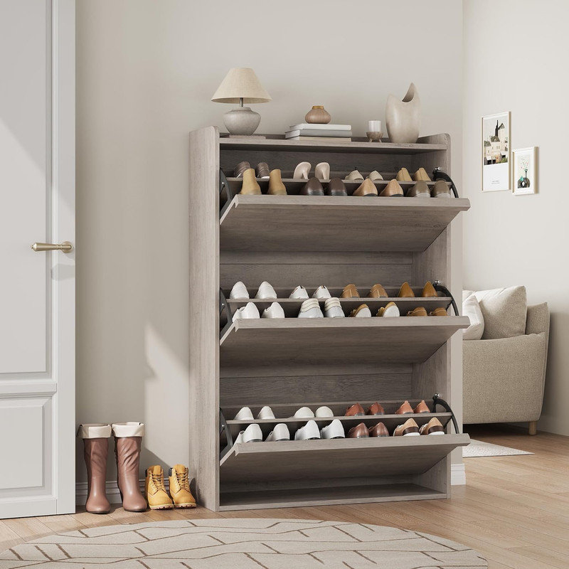 24 Pair Flip Down Shoe Storage, Grey Wood