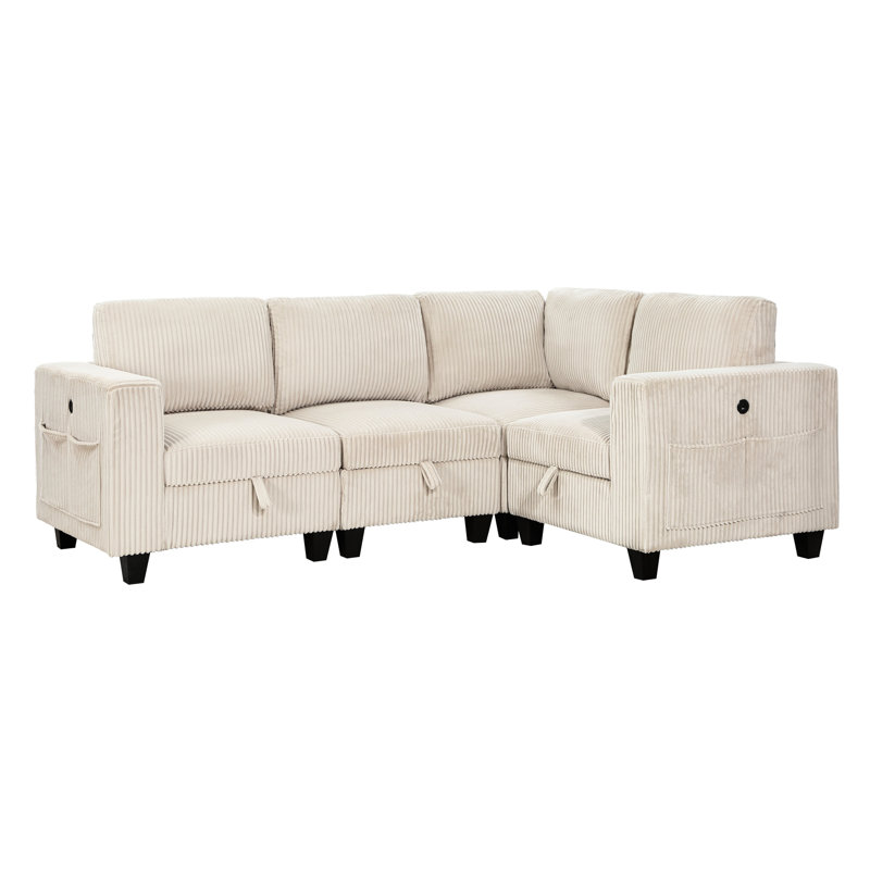Beige Corduroy Fabric Sectional With Corner Seat Storage & Electrical Charging Modern Living Area End Ports