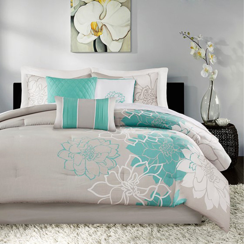 Ensemble d'édredon en satin de coton imprimé, Turquoise, Grand édredon et 6 pièces supplémentaires