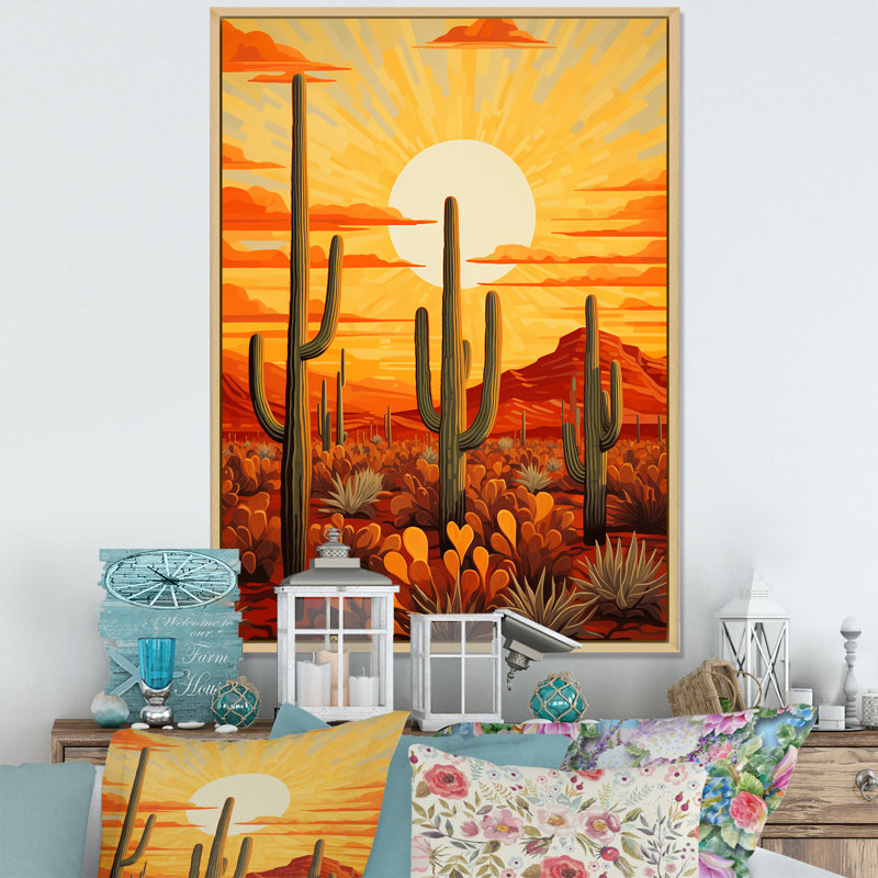 Cactus Sunset Shadows - Cactus, impressions sur toile, Cadre naturel flottant, H 32 po x l 16 po x P 1 po