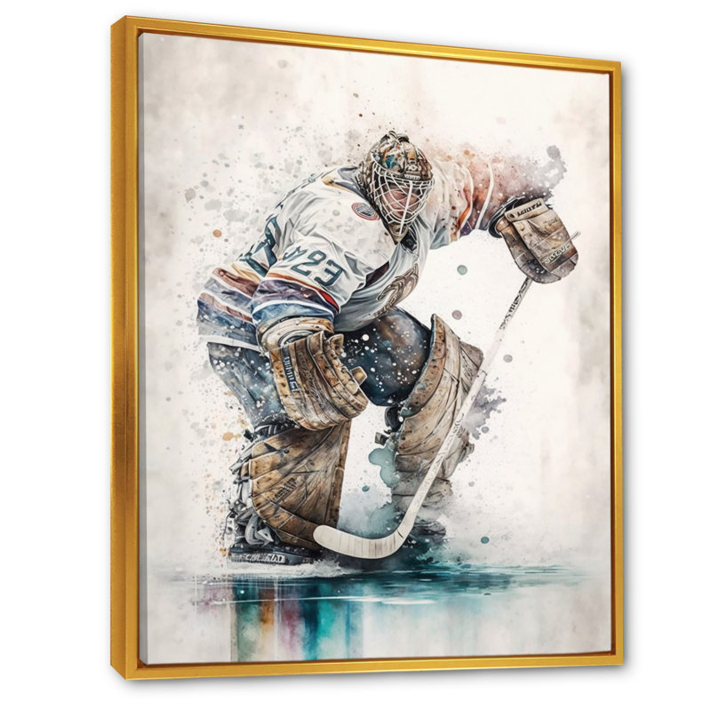 Hockey sur toile pendant le jeu III - art sur toile, H 32 po x l 24 po x P 1 po, Cadre flottant doré