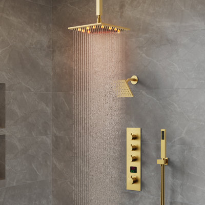Thermostatic Digital Shower System Set ,12" LED Rainfall Shower Head with Rough-In Valve