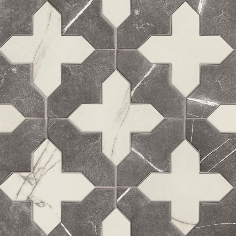Istanbul Squire Shield With Cross 6 In. X 8-3/8 In. Porcelain Floor And Wall Tile Kit, White/Black