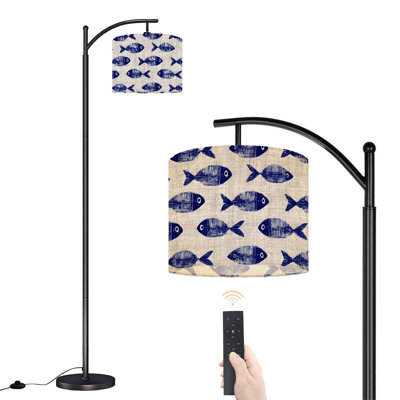 Arc Floor Lamp with Adjustable Lampshade Aquatic blue fishes cream linen texture Summer coastal living style Standing Lamp 3 Color Temperatures Dimmable Tall Pole Lamp with Foot Switch for Bedroom