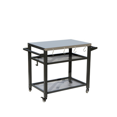 Table de barbecue à 3 tablettes pour l'extérieur, comptoir antirouille en acier inoxydable, cloison en filet pour bloquer l'eau, crochets à outils supplémentaires, roues avec freins, chariot d'extérieur pour barbecue, comptoir antirouille et eau