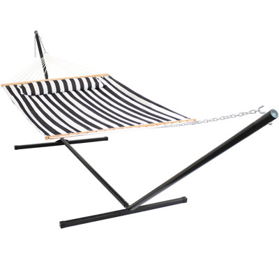 Mullin 2-Person Quilted Polyester Spreader Bar Hammock with 15' Stand - Red Stripe