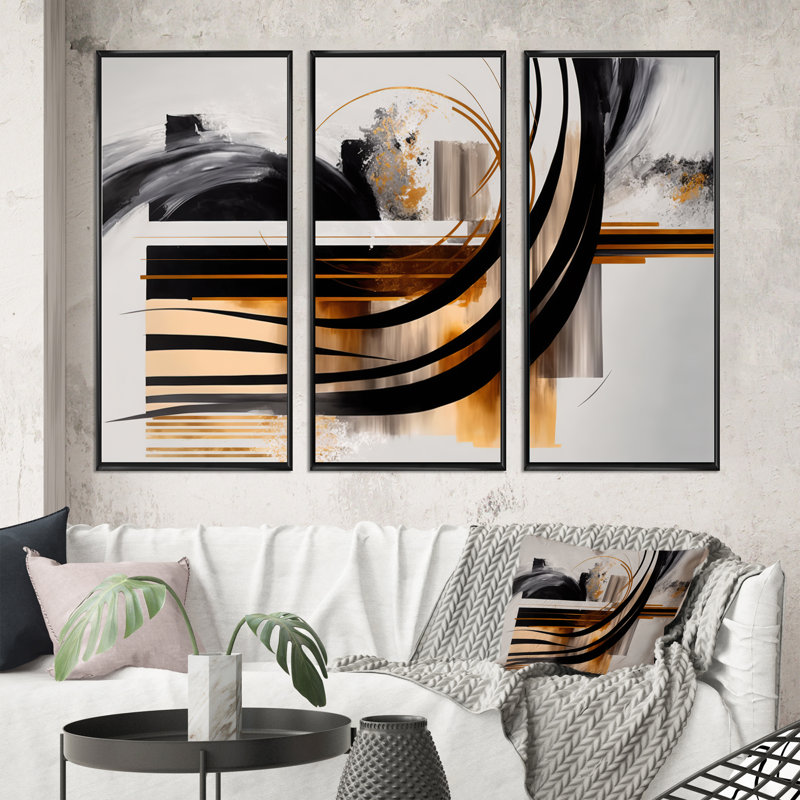 «Gold Touch Art Deco III», ensemble de 3 reproductions, Cadre noir, H 28 po x l 36 po x P 1 po