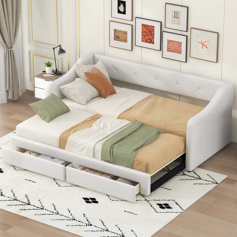 Lit de jour simple tapissier très grand avec deux tiroirs, Beige