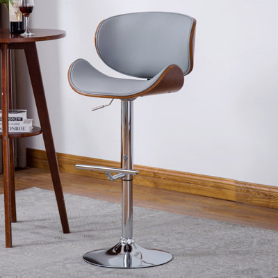 Accent Stool  - Modern Style Contemporary Swivel Function Walnut Bentwood Lift Adjustable Height Bar  With Curved Seat And Back (Gray)