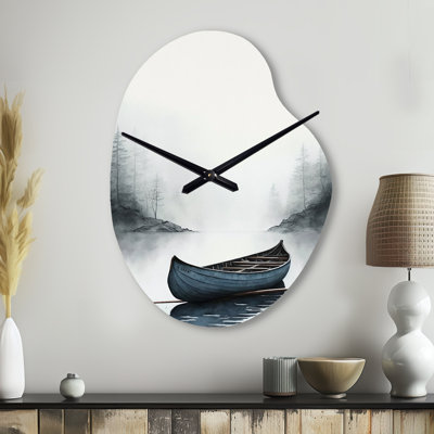 Canoe On The Lake I - Pear Shape Decorative Grey Coastal Boat Wall Clock