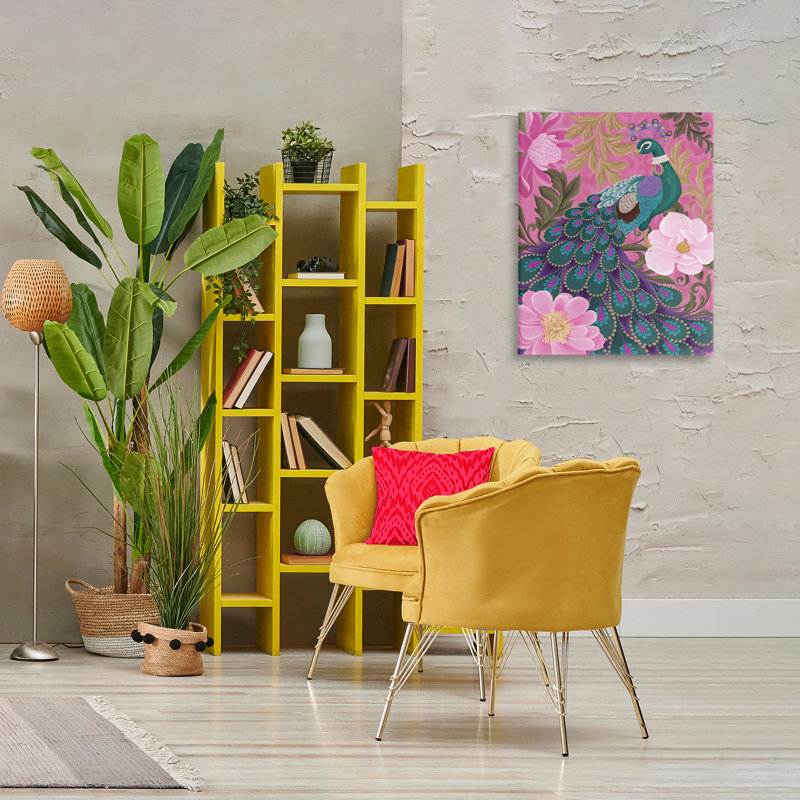 "Peacock & Pink Blossoms", art mural par Cat Thurman Designs, H 20 po x l 16 po x P 1,5 po