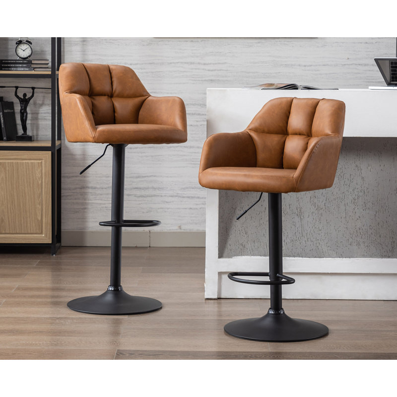 Adjustable Brown Leather Swivel Bar Stools with Metal Base