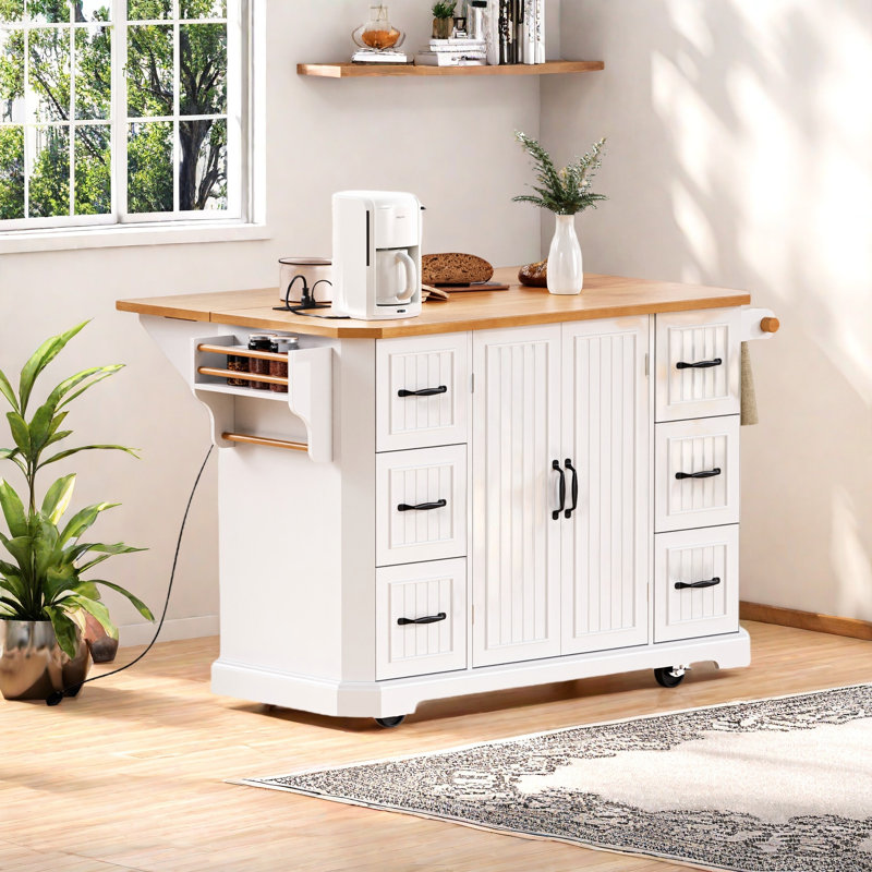 56 Inch Kitchen Island with Drop Leaf, Power Outlet, Shelves, and Drawers, Perfect for Modern Kitchens and Dining Rooms