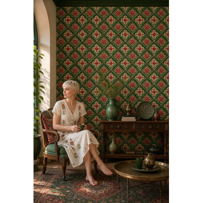 Ornate Tile Wallpaper Green Lattice Red Rosette Decorative Mural